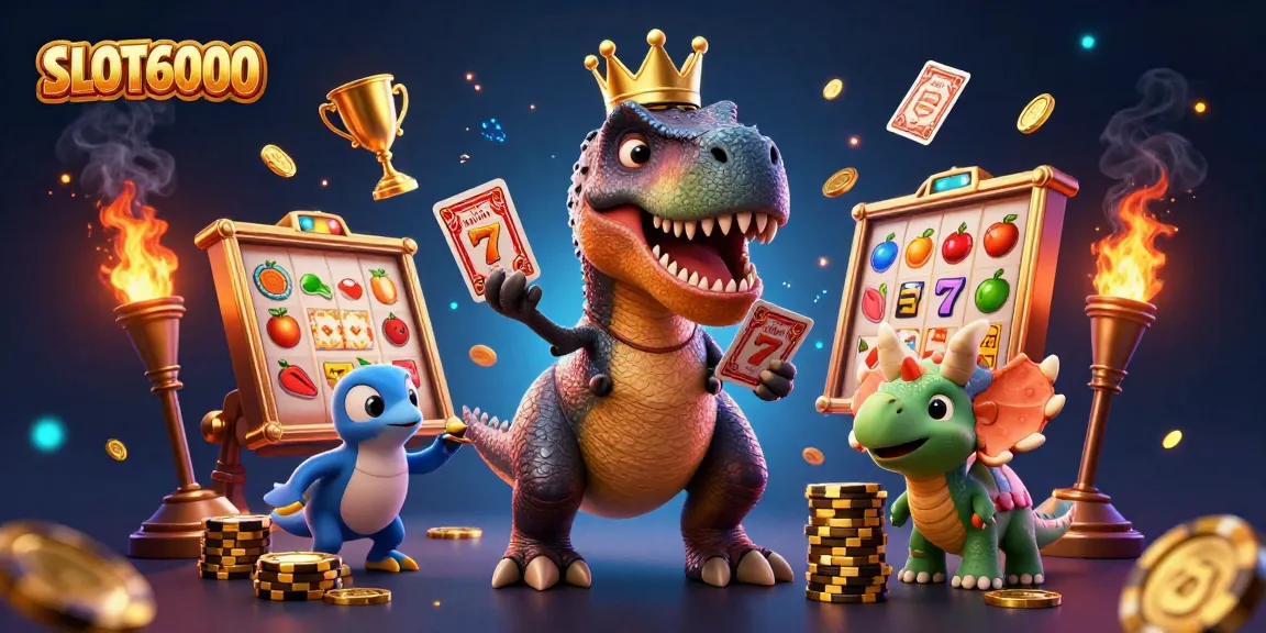 SLOT6000 showcases a playful T-Rex shuffling cards with a pterodactyl and a triceratops stacking chips.