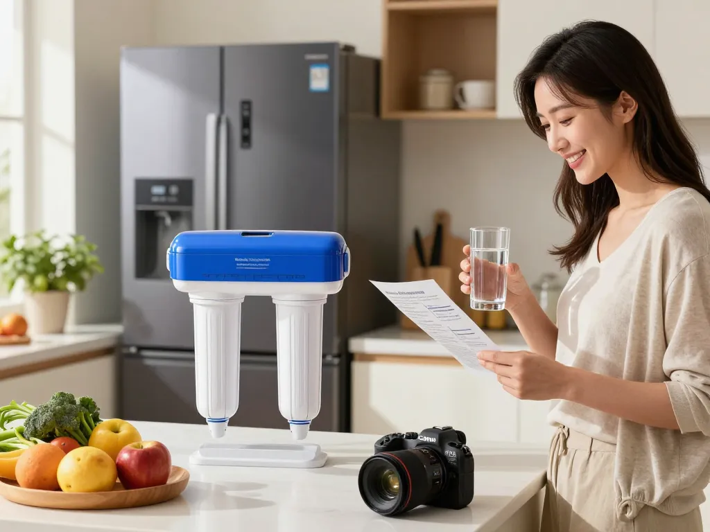 Maxblue Replacement for Samsung DA29-00020B filter showcased in a stylish kitchen, highlighting clean water benefits and modern home design.