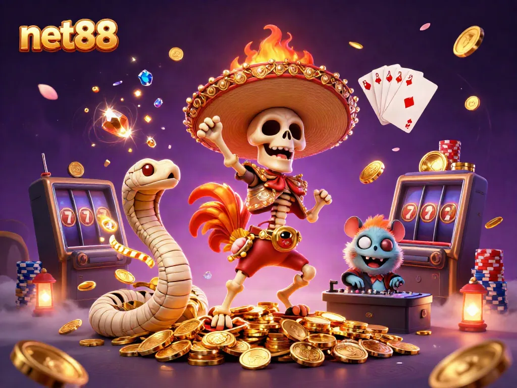 Experience exhilarating wins at net88, where a lively mariachi rooster, mummy snake, and DJ hamster celebrate amidst golden coins and casino flair.