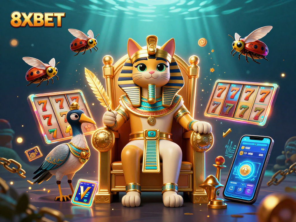 8XBET showcases an enchanting pharaoh cat with dynamic slots, enhancing your betting experience.