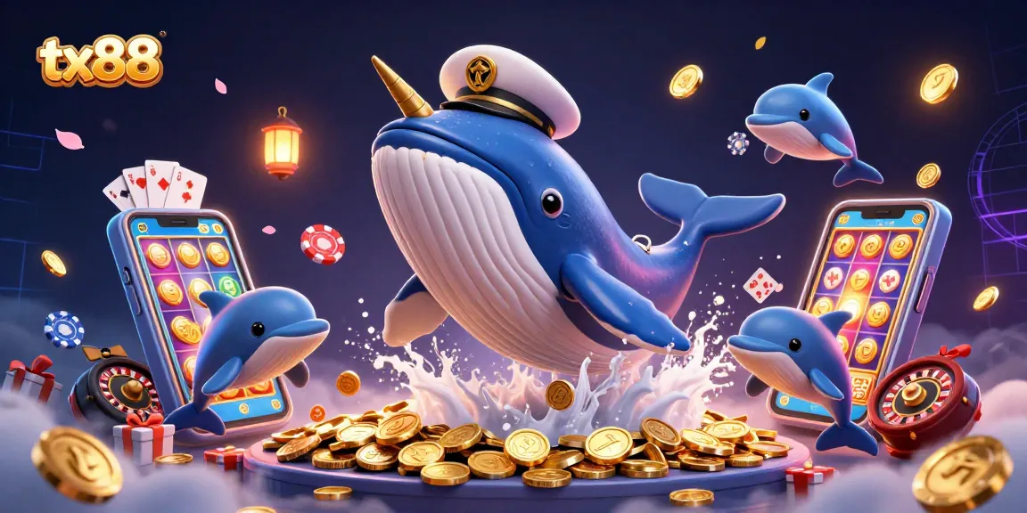 Engage in the tx88 casino adventure with a vibrant whale and playful dolphins amidst casino elements.