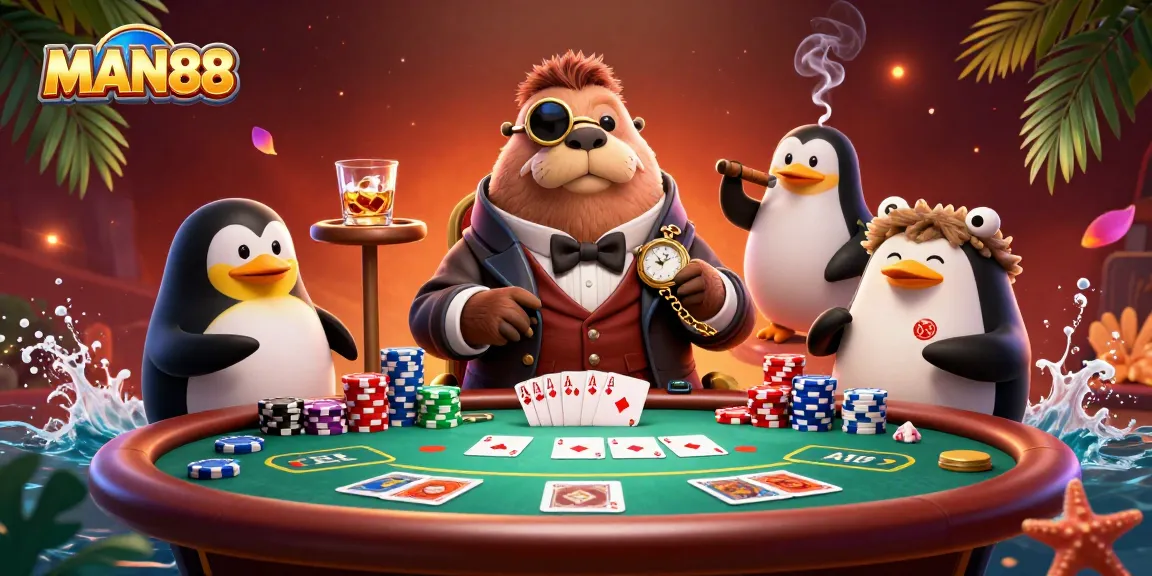Play a thrilling underwater poker game at MAN88, featuring cartoon walrus, penguin dealer, and bluffing pufferfish.
