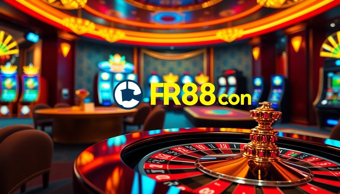 Experience the excitement of gambling at RR88 Com with vibrant casino visuals showcasing tables and slot machines.