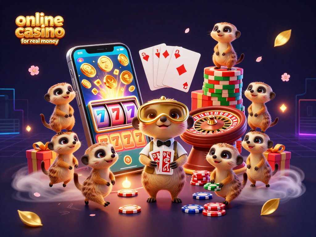 Engaging scene of a 3D cartoon meerkat operation in an online casino for real money with dynamic gaming elements.