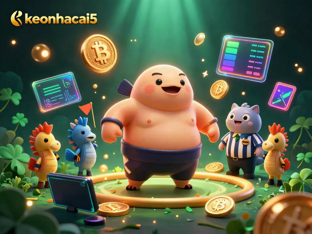 Experience the exciting dynamics of keonhacai5 with vibrant characters and neon crypto coins in a lively underwater casino scene.