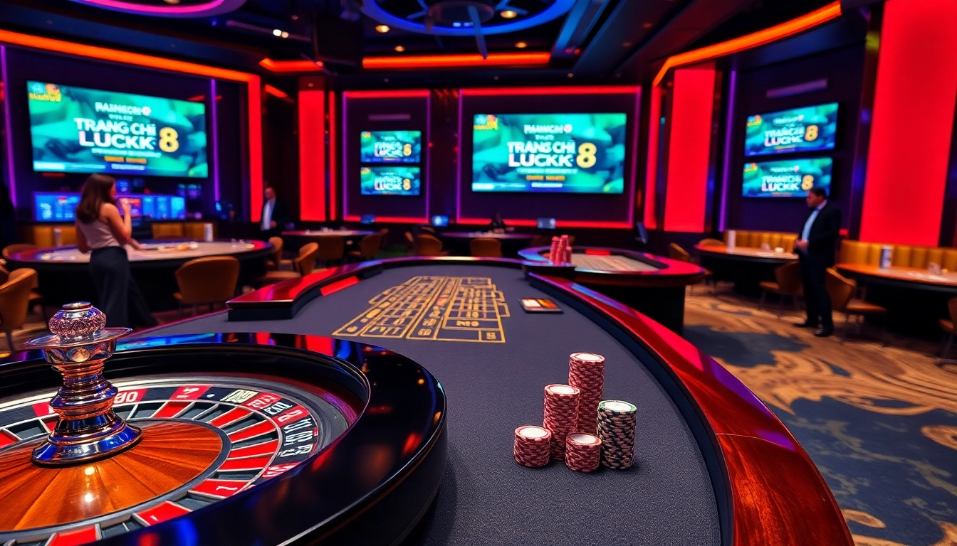 Engaging TRANG CHỦ LUCK8 scene featuring a roulette wheel and poker table for online gamblers.