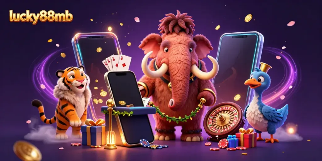 Experience the excitement of lucky88mb with a colorful 3D casino scene featuring charming characters and gaming elements.