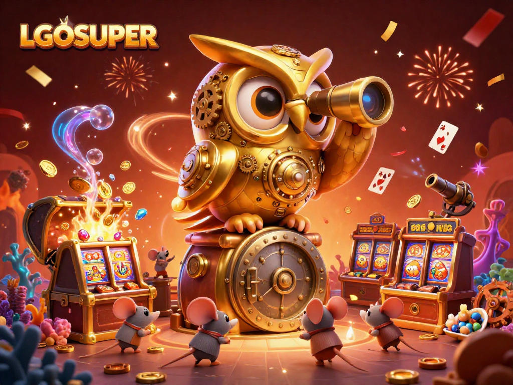 Experience LGOSUPER's vibrant casino atmosphere with animated owl and whimsical mice