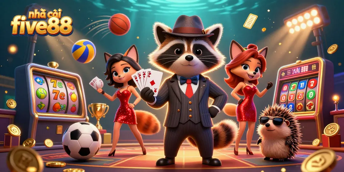 nhà cái five88 showcasing a lucky raccoon, charming fox, and hedgehog amid vibrant casino elements