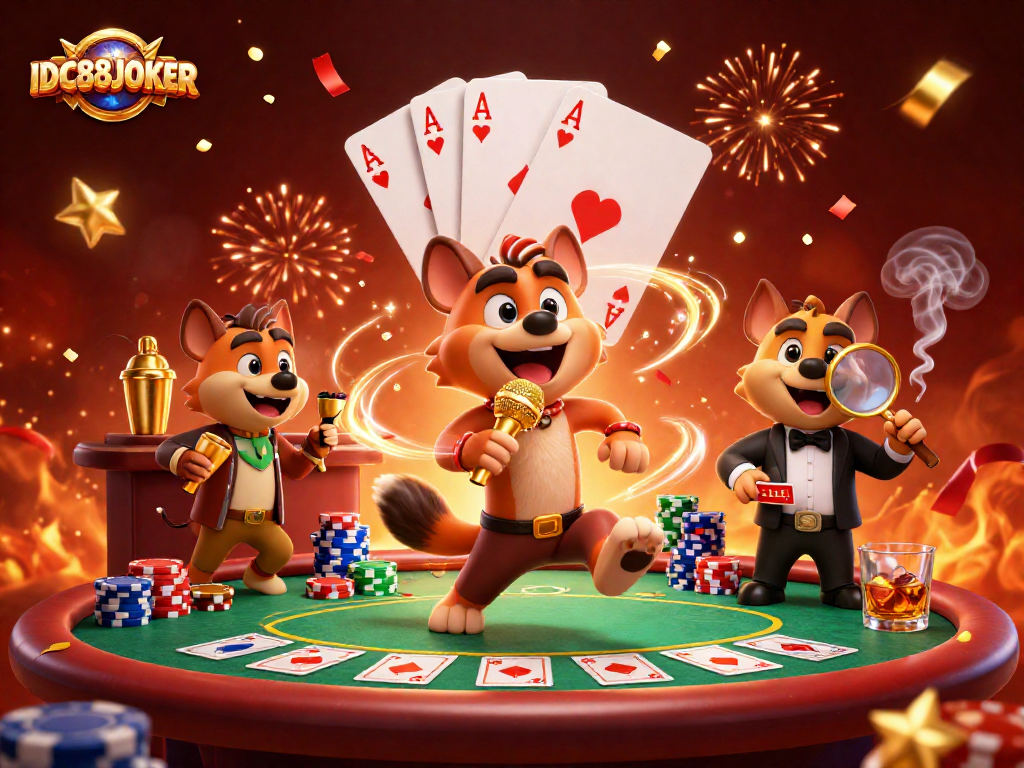 Engage in thrilling gaming excitement at IDC88JOKER with vibrant hyenas celebrating in a lively casino.