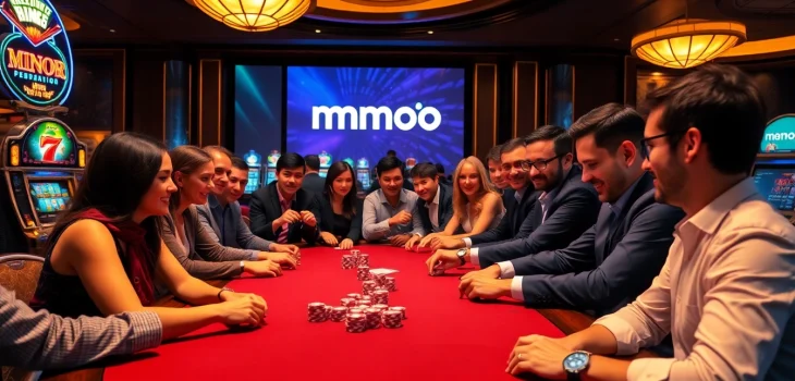 MMOO players enjoying high-stakes poker tournament under warm lighting, surrounded by colorful chips.