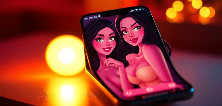 Engaging scene representing porn chat AI with vibrant characters and a modern chat interface.