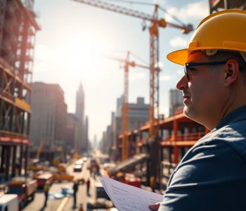 New York City Construction Manager managing a busy site with cranes and workers actively collaborating.