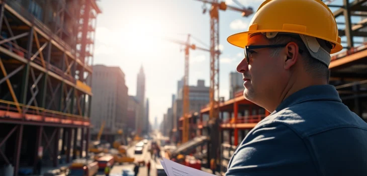 New York City Construction Manager managing a busy site with cranes and workers actively collaborating.