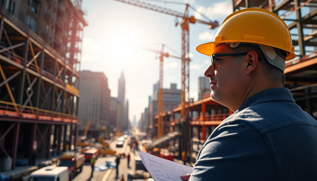 New York City Construction Manager managing a busy site with cranes and workers actively collaborating.