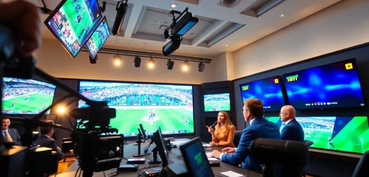 Dynamic sports broadcasting studio featuring hosts and live game screens.