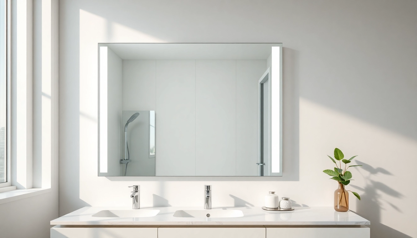 Enhance your bathroom with a stunning mirror and led lights creating a luxurious atmosphere.