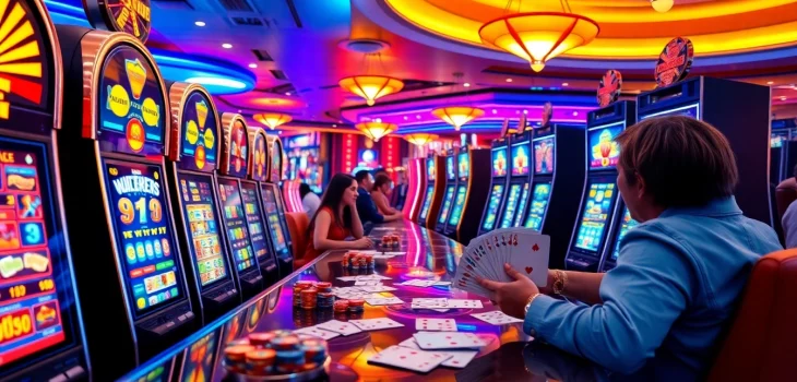Exciting VSWIN casino scene with players celebrating a jackpot at vibrant slot machines.