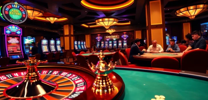 Experience thrilling action with game u888 at a luxurious casino filled with vibrant slot machines.