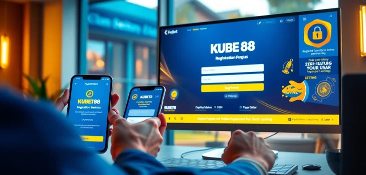 Engaging visual of Đăng Ký KUBET88 – Nhanh Gọn, Dễ Dàng Và Nhiều Ưu Đãi registration process on a smartphone and computer.