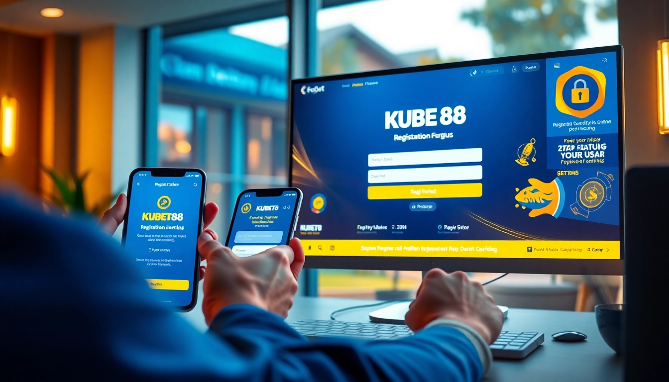 Engaging visual of Đăng Ký KUBET88 – Nhanh Gọn, Dễ Dàng Và Nhiều Ưu Đãi registration process on a smartphone and computer.