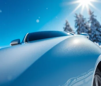 Showcase PPF winter road salt protection on a car in a snowy landscape, emphasizing durability.