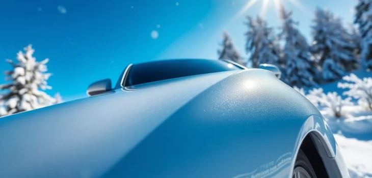 Showcase PPF winter road salt protection on a car in a snowy landscape, emphasizing durability.