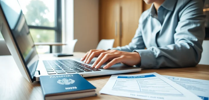 Apply for the eta application uk efficiently while focusing on crucial documents in an office.