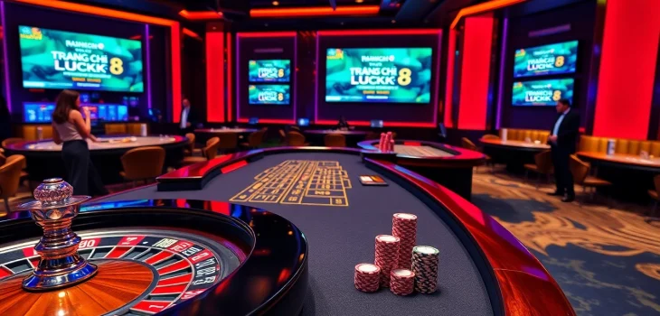 Engaging TRANG CHỦ LUCK8 scene featuring a roulette wheel and poker table for online gamblers.