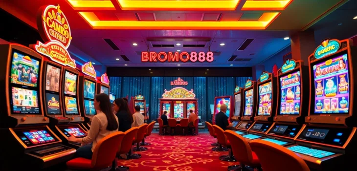 BROMO888 slot gaming scene with modern machines and vibrant atmosphere