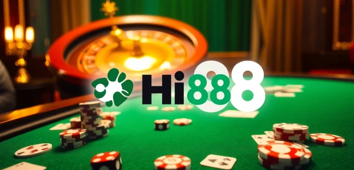 Experience the excitement of Hi88 with dynamic poker tables and vibrant casino elements.