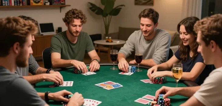 Feel the excitement of a LuckyWin poker night with friends, showcasing vibrant gameplay and camaraderie.