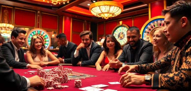 Players strategize their moves with CM88 chips on a luxurious casino table under vibrant lighting.