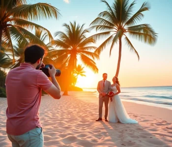 Destination photographer captures a joyful couple on a tropical beach during sunset.