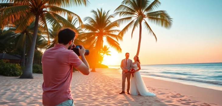 Destination photographer captures a joyful couple on a tropical beach during sunset.