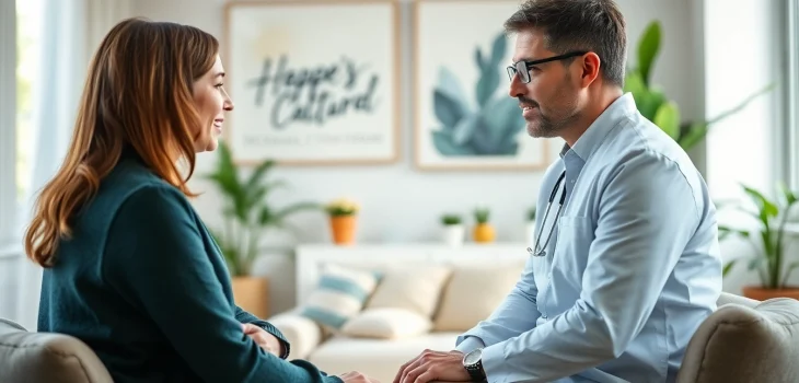 Therapist assisting a client with stress and anxiety in a tranquil setting.
