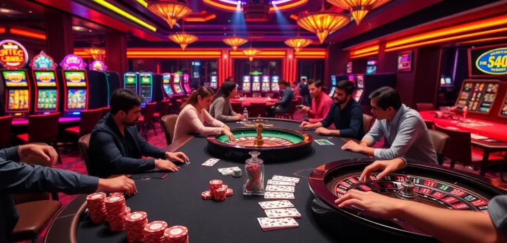 Exciting gameplay at Nhà Cái FB88, featuring a luxurious poker table and vibrant slot machines.