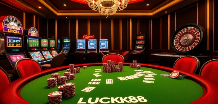 Experience high-stakes poker at the LUCK8 casino, showcasing cards and chips in an opulent setting.