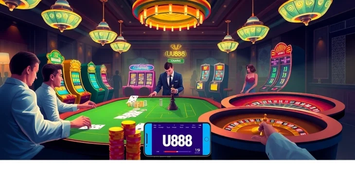 Engaged players at a UU88 poker table amidst a vibrant casino setting with lively slot machines.