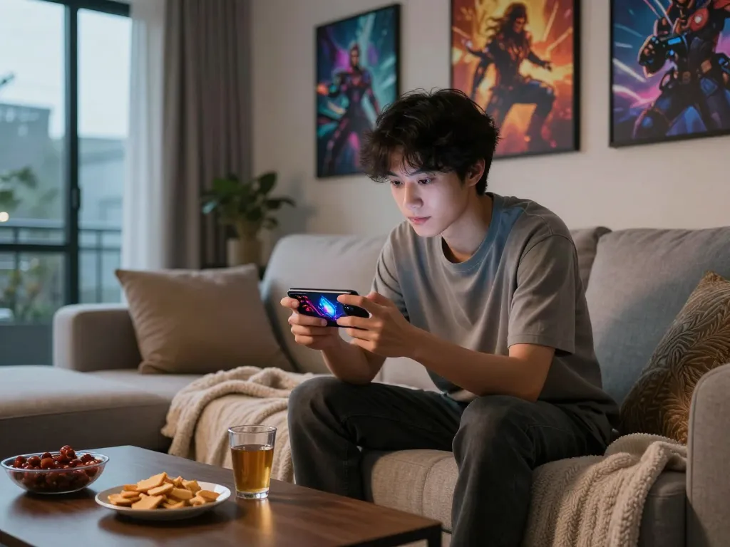Mobile porn game being played on a smartphone in a cozy living room.