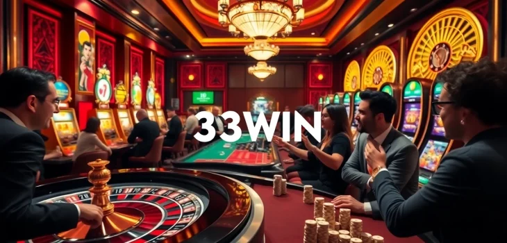 Experience the excitement of gambling at 33WIN with a bustling casino scene and vibrant games.