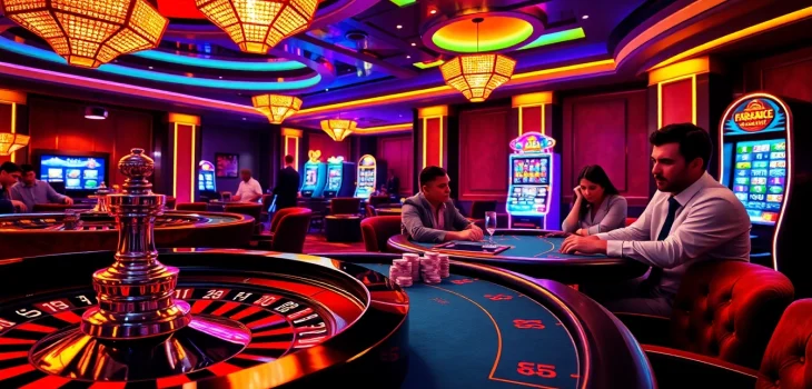 Xoilac Grand Casino ambiance featuring roulette and poker, enhancing gambling excitement.