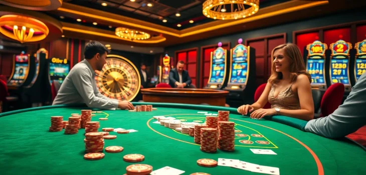 A dynamic casino atmosphere with players enjoying LUCK 8 gaming, highlighting poker tables, roulette wheels, and colorful slot machines.