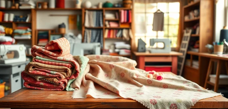 Stoffen webshop nederland met diverse kleurrijke stoffen en materialen op een houten tafel.