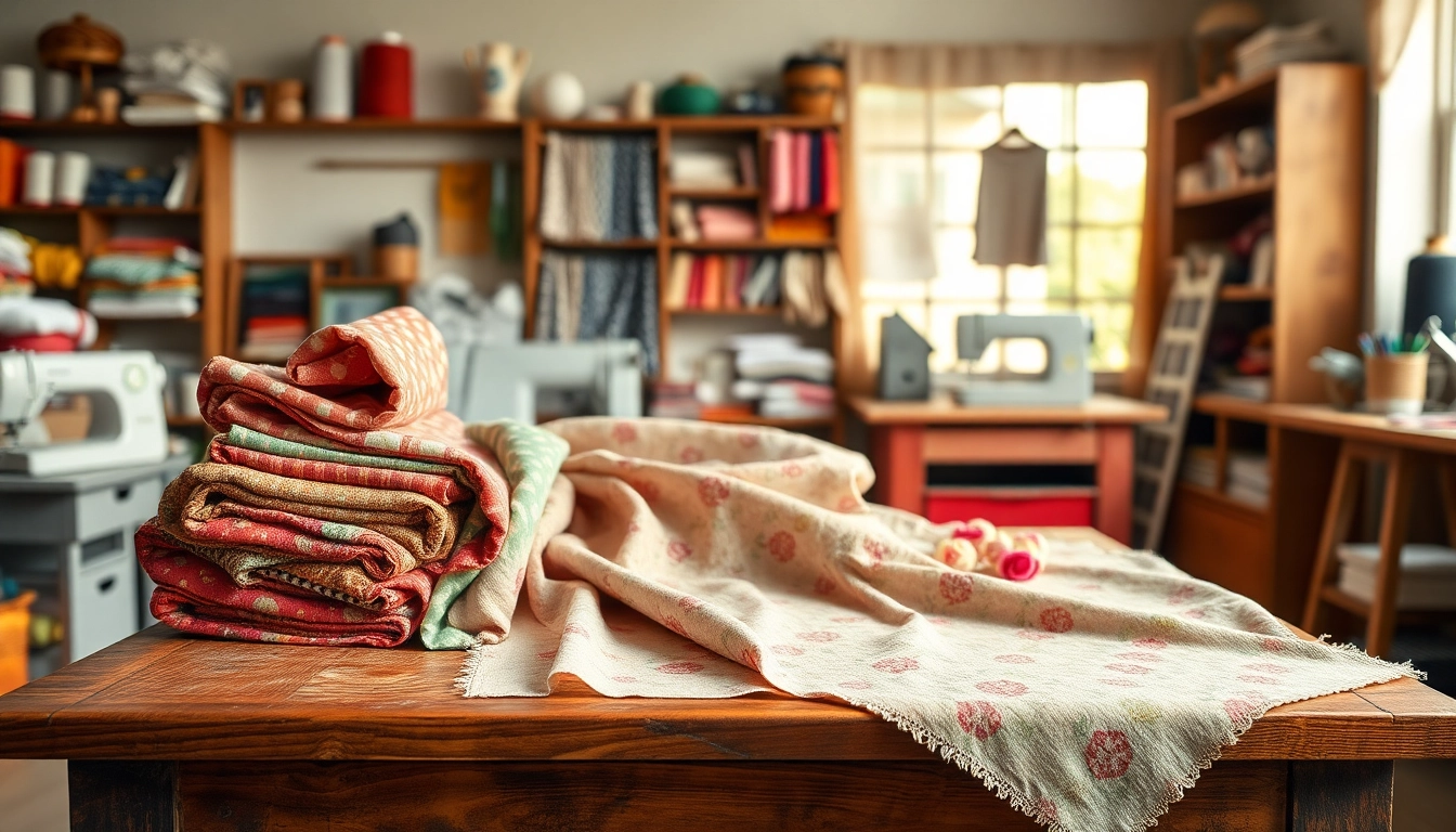 Stoffen webshop nederland met diverse kleurrijke stoffen en materialen op een houten tafel.