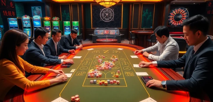 Players engaging in a thrilling game of tài xỉu md5 at a luxurious casino table, emphasizing excitement and strategy.