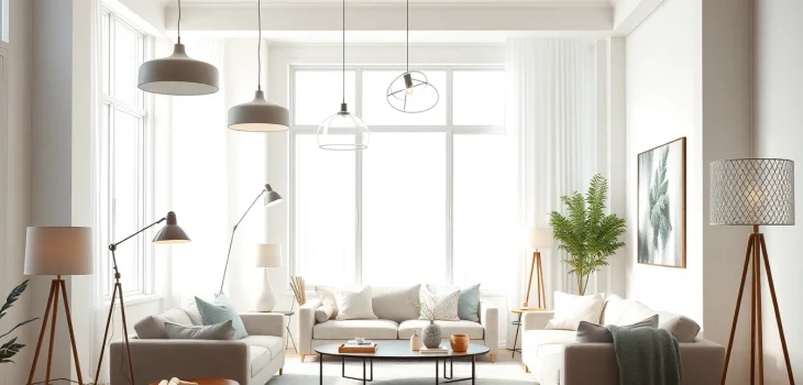 Shop ModernLighting with stylish fixtures enhancing a cozy living space atmosphere.