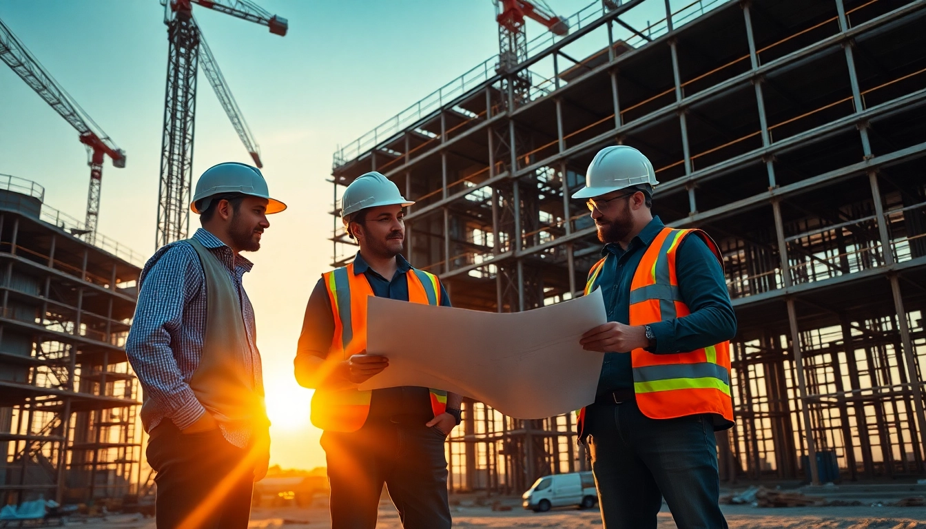 Construction career professionals collaborating at a vibrant construction site during sunset.
