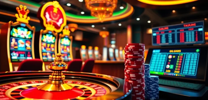 Lucky players enjoying the thrilling online casino experience at luck8 with vibrant slot machines and a roulette wheel.