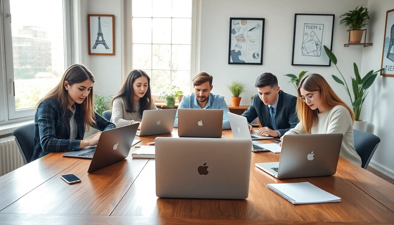 Hire expert TOEFL test takers for hire collaborating in a bright study environment.